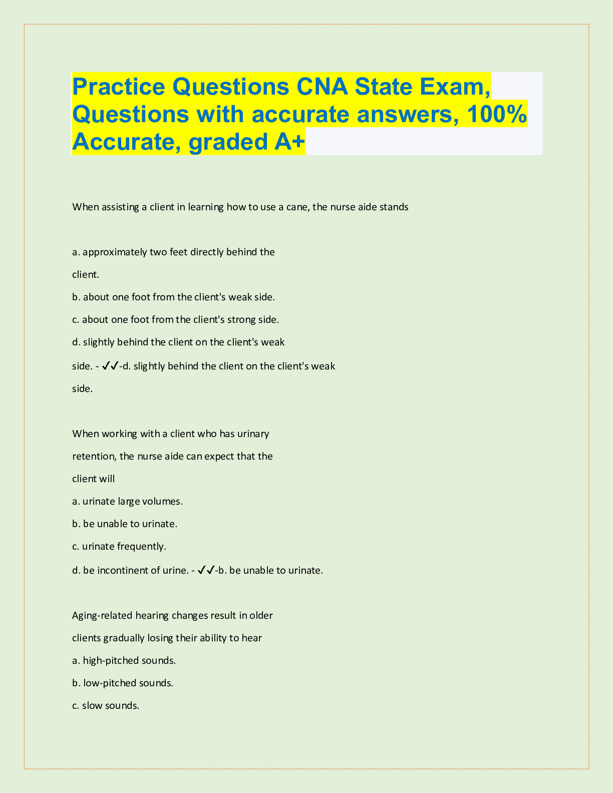 Practice Questions CNA State Exam With Answers Latest Update 2022 With